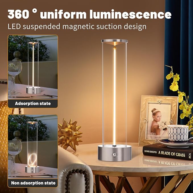 Cordless Portable LED Table Lamp， Rechargeable Battery Operated Desk Lamp with Touch Sensor, Three-Level Dimmable Suitable for Bars/Cafes/Restaurants/Bedrooms/Camping Sites. (Silver)