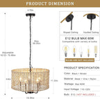 18.9" Hand-Woven Rattan Chandelier 5 Lights Farmhouse Boho Chandeliers for Dining Room Light Fixture Drum Wicker Hanging Pendant Lighting for Living Room Kitchen Island Foyer Hallway, E12