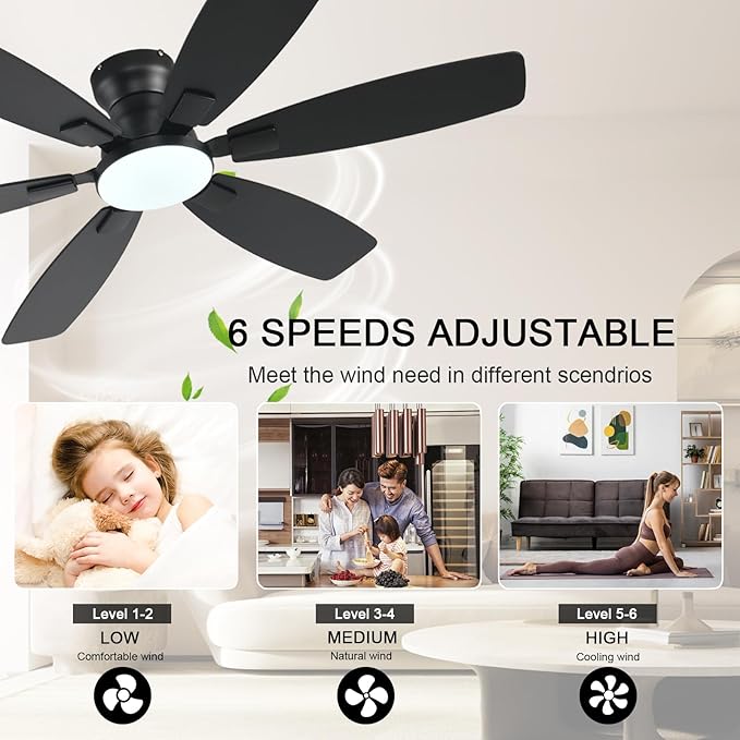 Ceiling Fans with Lights, 52 Inch Low Profile Ceiling Fan with Light and Remote Control, Flush Mount, Reversible, 3CCT, Dimmable, Quiet, Black Ceiling Fan for Bedroom Indoor/Outdoor Use