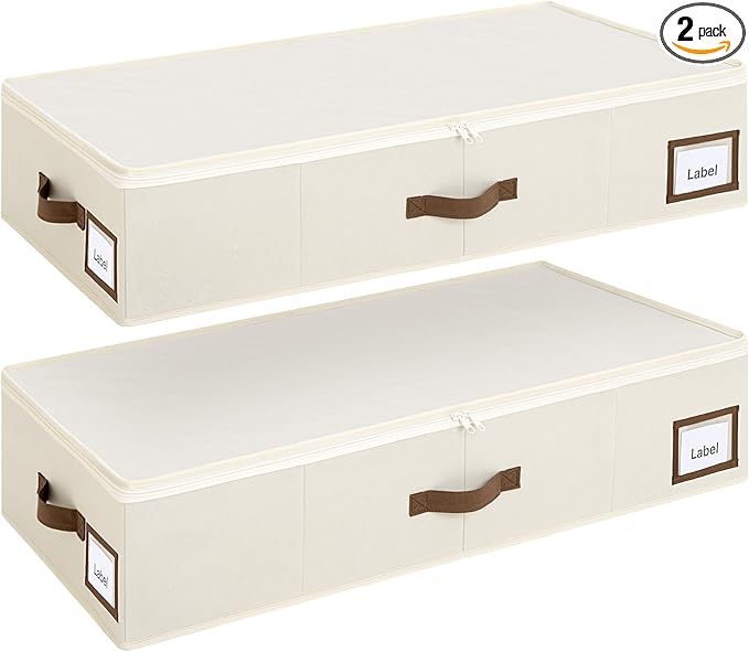 Cupic Cupid Under Bed Storage Containers, Foldable Organizer with Lid for Bedroom, Underbed Storage Box for Blankets, Clothes, Shoes, 2 Pack, Beige