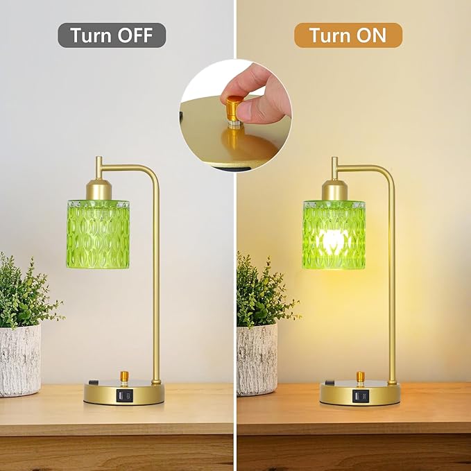 Green Table Lamp with USB Port and Outlet Set of 2, Glass Bedside Table Lamp for Bedroom, Retro Desk Lamps for Home Office, Mid Century Modern Small Night Stand Lamps, Gold Rustic Desk Light