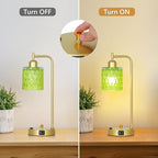 Green Table Lamp with USB Port and Outlet Set of 2, Glass Bedside Table Lamp for Bedroom, Retro Desk Lamps for Home Office, Mid Century Modern Small Night Stand Lamps, Gold Rustic Desk Light