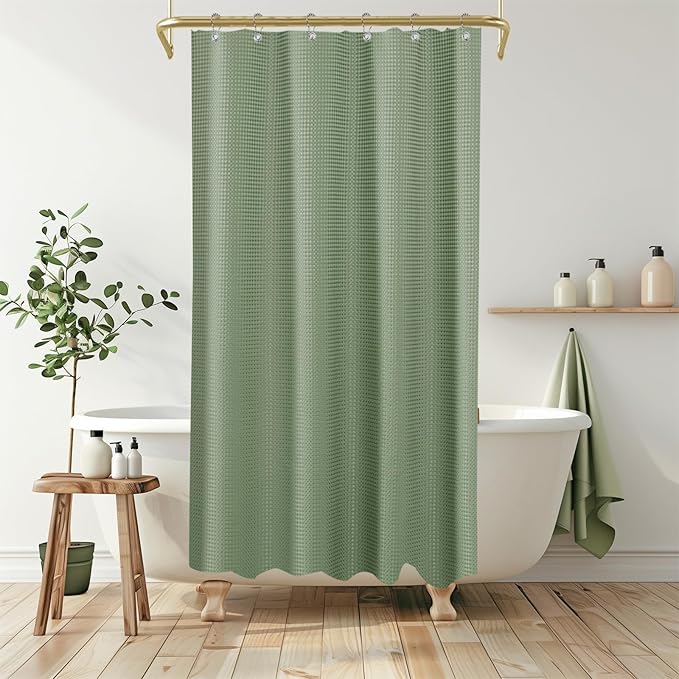 Boho Shower Curtain Set, Waterproof Fabric Shower Curtains, Luxury Hotel Style, Waffle Texture, Heavy Duty, Extra Long Bath Curtain, No Hook, Bathroom Decor, 72x36 Inch, SageGreen