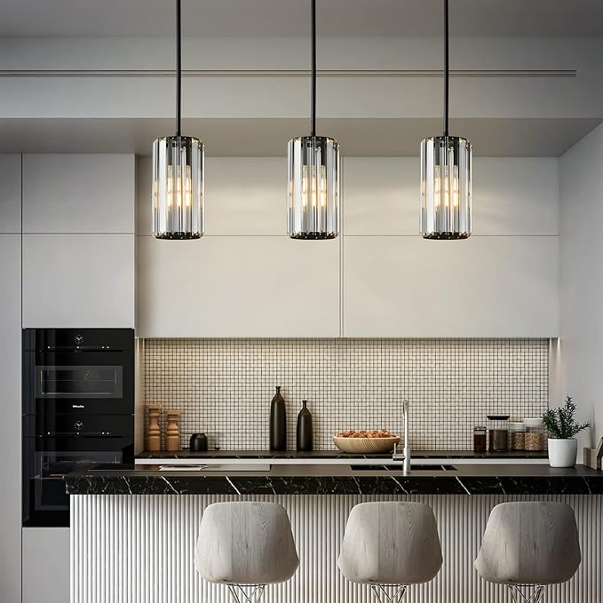 Black Pendant Lighting Modern Pendant Light Mini Crystal Chandeliers,Adjustable Pendant Light Fixture for Kitchen Island Dinning Room Corridor Bedroom(Black 2-Pack)
