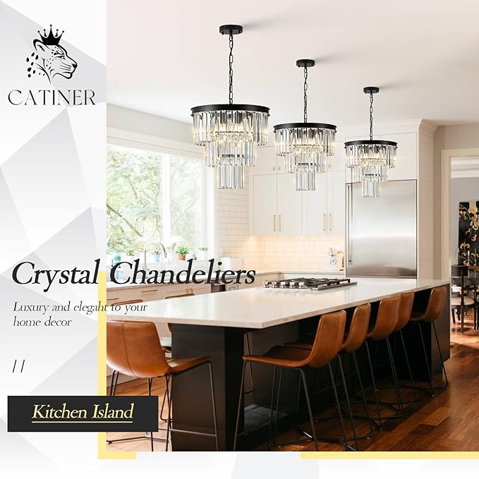 Modern Crystal Chandeliers 16" Small Black Pendant Light Luxury 3 Tiers K9 Crystal Ceiling Pendant Round Light Fixture 6-Light for Dining Room Entryway Kitchen Bedroom Closet