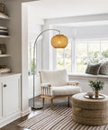 ALOADECOR 77" 1-Light Matte Black Arc Floor Lamp with Hand-Woven Bamboo Shade and Marble Base Farmhouse Rattan Floor Lamp for Living Room Dining Room Bedroom