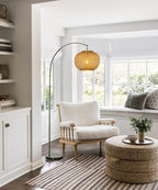 ALOADECOR 77" 1-Light Matte Black Arc Floor Lamp with Hand-Woven Bamboo Shade and Marble Base Farmhouse Rattan Floor Lamp for Living Room Dining Room Bedroom