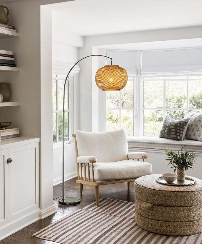 ALOADECOR 77" 1-Light Matte Black Arc Floor Lamp with Hand-Woven Bamboo Shade and Marble Base Farmhouse Rattan Floor Lamp for Living Room Dining Room Bedroom