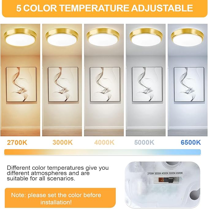 13 Inch Dimmable Flush Mount LED Ceiling Light Fixtures, 2-Pack Gold LED Ceiling Lights with 5 Color Temperatures (2700K/3000K/4000K/5000K/6500K), Modern Round LED Lights for Kitchen Living Room