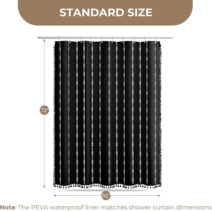 downluxe Linen Texture 3 in 1 Farmhouse Shower Curtain Set with Tassel, Boho Fabric Shower Curtains for Bathroom, Black, 60W x 72L