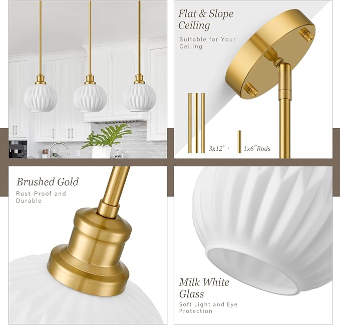 Brushed Gold Pendant Lights Kitchen Island 2 Pack, 7.3" Milk Glass Modern Pendant Light Fixtures with Rods, Globe Hanging Lighting for Kitchen Sink Bathroom Dining Room, E26 Base