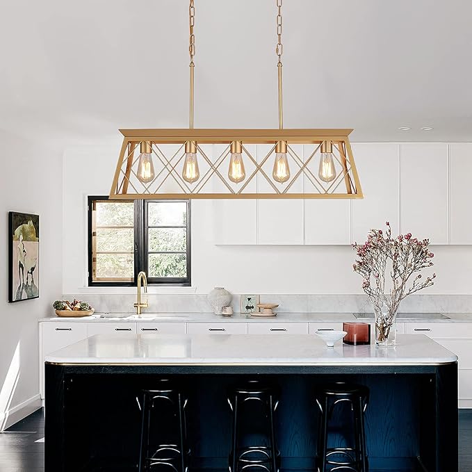 Q&S Modern Farmhouse Chandelier Light Fixtures,5-Lights Gold Linear Industrial Light Fixtures for Kitchen Island Bar Dining Table UL Listed
