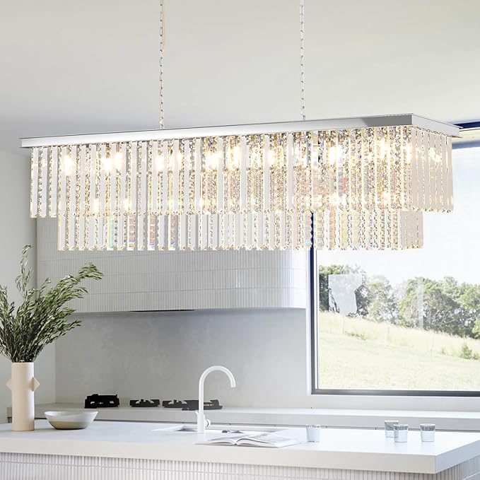 Modern Dining Room Chandelier Luxury Rectangular Chrome Crystal Chandelier Over Table, Linear Lighting Fixture for Living Room, Bedroom, Kitchen Island, Pool Table(L55 Inch)