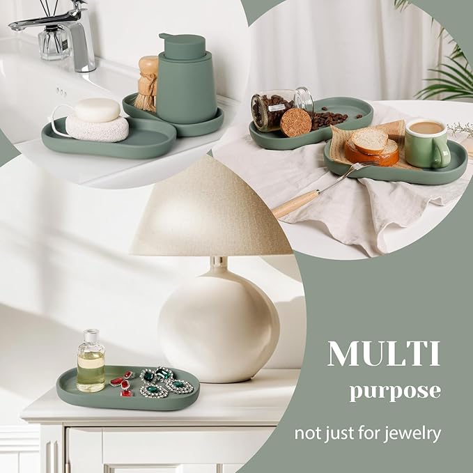 Ceramic Jewelry Dish Set of 2 – Oval Trinket Holder for Vanity, Perfume, Keys, Rings, Watch, Dish Soap, Kitchen & Bathroom Counter – Matte Green