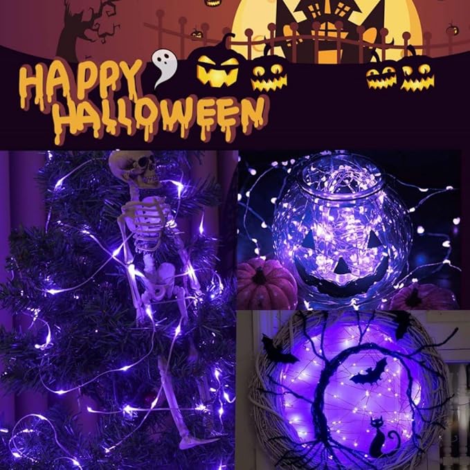 QITONG 4 Pack Purple Solar Fairy Lights, Each 33ft 100 LED Halloween Lights Outdoor Waterproof, 8 Modes Copper Wire Mini String Lights