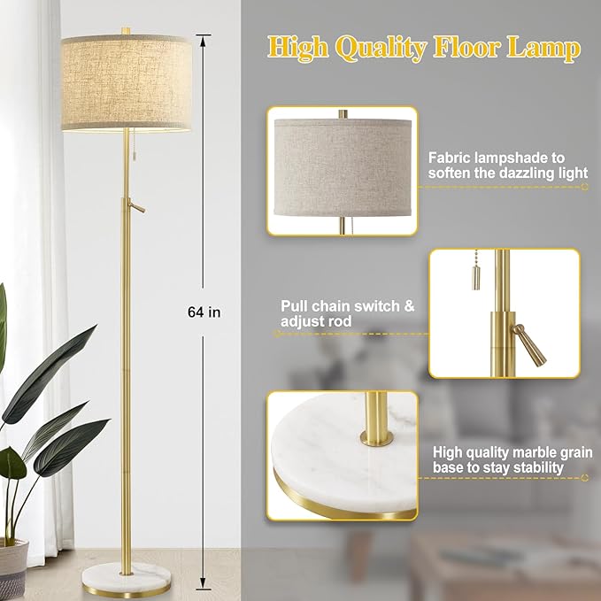 GyroVu Marble Floor Lamp, Adjustable Height Standing Lamp with Marble Base Tall Lamp with Pull Chain Switch Floor Lamps for Living Room, Bedroom & Office Bulbs Not Included(Gold)