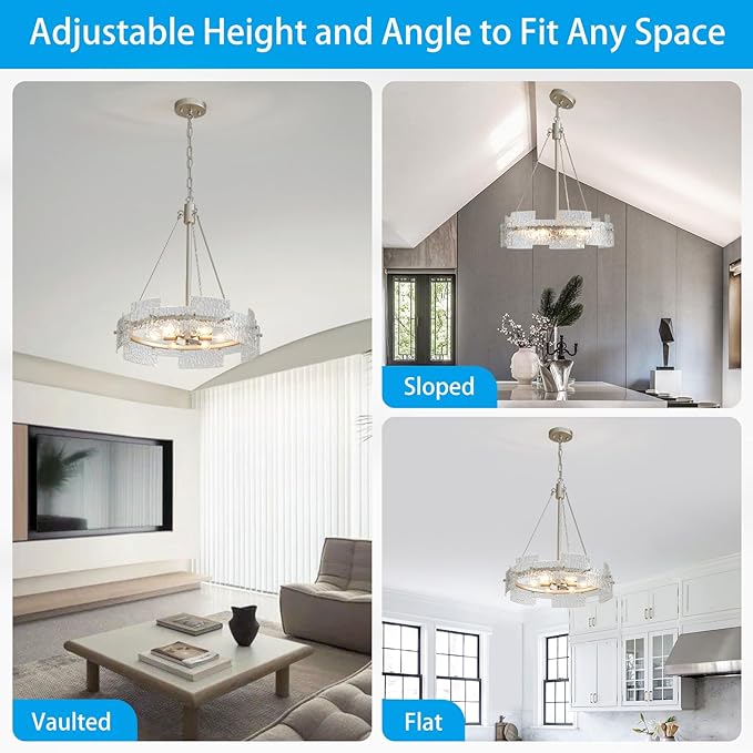 XINGQI Modern Farmhouse Chandelier 6-Light Silver Glass Drum Chandeliers 19.7" Height Adjustable Water Ripple Rustic Pendant Lighting Fixture for Dining Room Living Room Kitchen Island