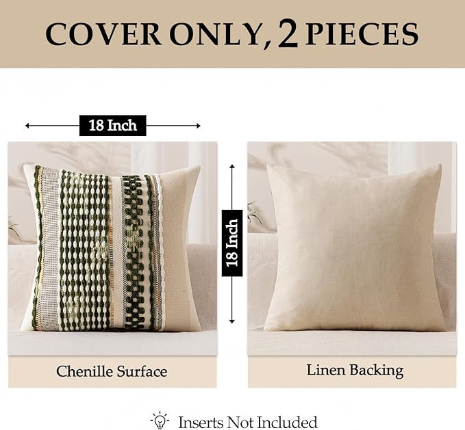 ANRODUO Pack of 2 Boho Decorative Throw Pillow Covers 20x20 Farmhouse Cushion Case Striped Chenille Pillow Cases Square Pillow Covers Accent Neutral Pillowcase for Sofa Couch Bed, Olive Green Stripe