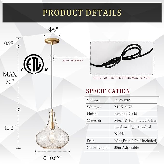 Handcrafted 11-Inch Mid-Century Modern Brass Gold Pendant Light with Seeded Glass Shade - Elegant Dining Room Pendant Light