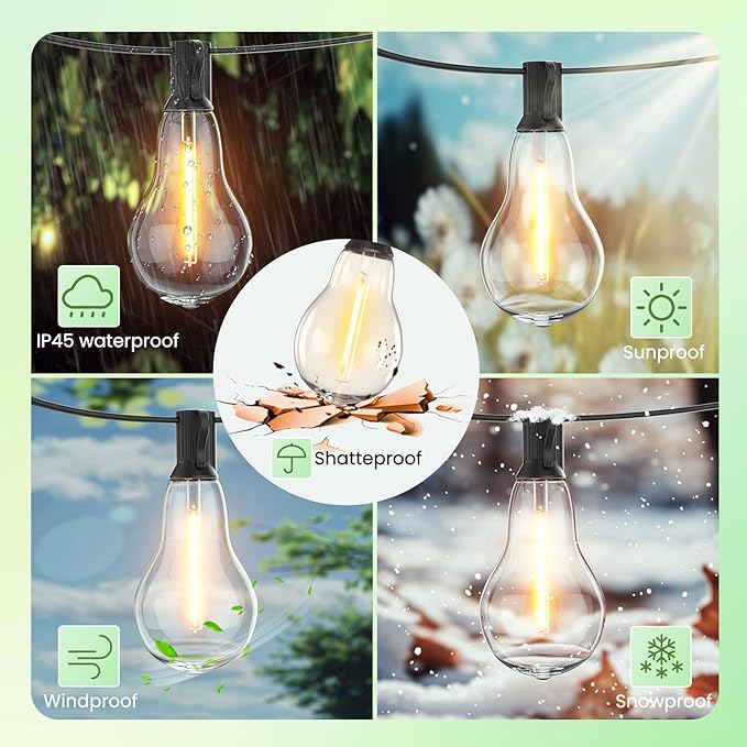 Outdoor String Lights 100FT Waterproof LED Outdoor Lights for Patio with 53 Shatterproof LED Bulbs (3 Spare),Outside Hanging Light for Party, Bistro, Gazebo, Backyard, Garden,Black Cord