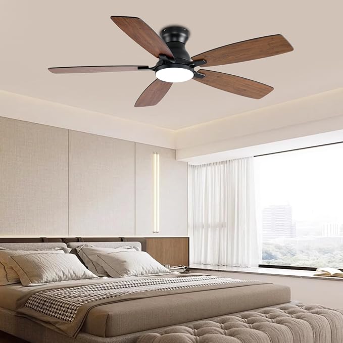 52inch Ceiling Fans with Lights, Low Profile Ceiling Fan with Light and Remote/APP Control, DC Reversible Motor, Noiseless, Flush Mount, Brown Ceiling Fan for Bedroom Indoor/Outdoor Use