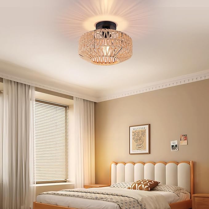 Boho Rattan Ceiling Light Fixture, Mini Rattan Chandelier Lighting Fixture, Hand Woven Ceiling Light Fixtures for Hallway Bedroom Kitchen Entryway Living Room