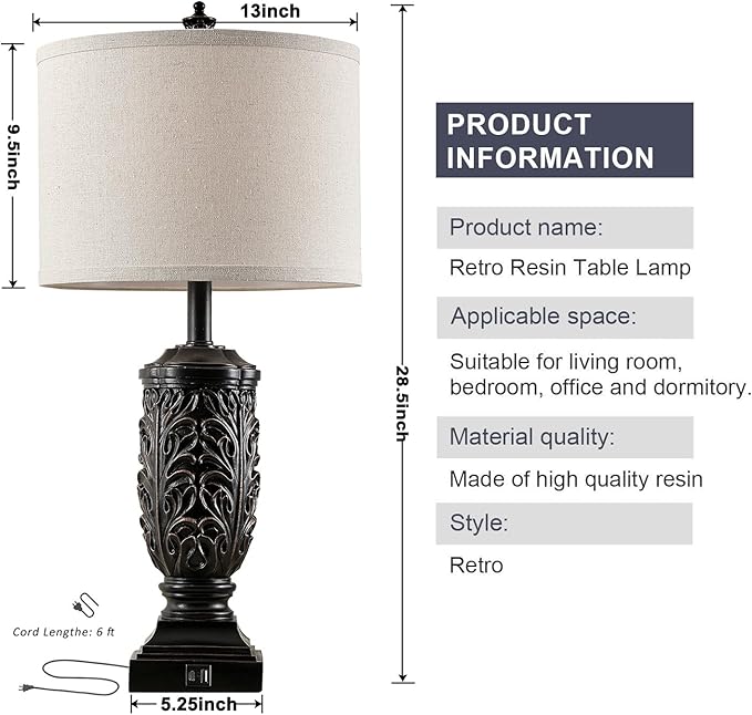 28.5” Vintage Farmhouse USB A+C Table Lamps Set of 2 for Living Room Bedroom Tall Rustic Bedside Nightstand Lamp Retro Traditional End Table Lamps for Entryway Home Office Decor Antique Black Accent