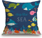 Cartoon Fish Whale Throw Pillow Cover 18 x 18 Inch, Cartoon Underwater Ocean Theme Sea Animal Nature Shark Turtle Decor Linen Cushion Cover for Sofa Couch Bed