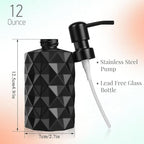 Black Glass Soap Dispenser with Pump, 11oz Diamond Design Hand Soap Dispenser, Refillable Lotion & Dish for Dishwashing Liquid, Lotion Shower Gel