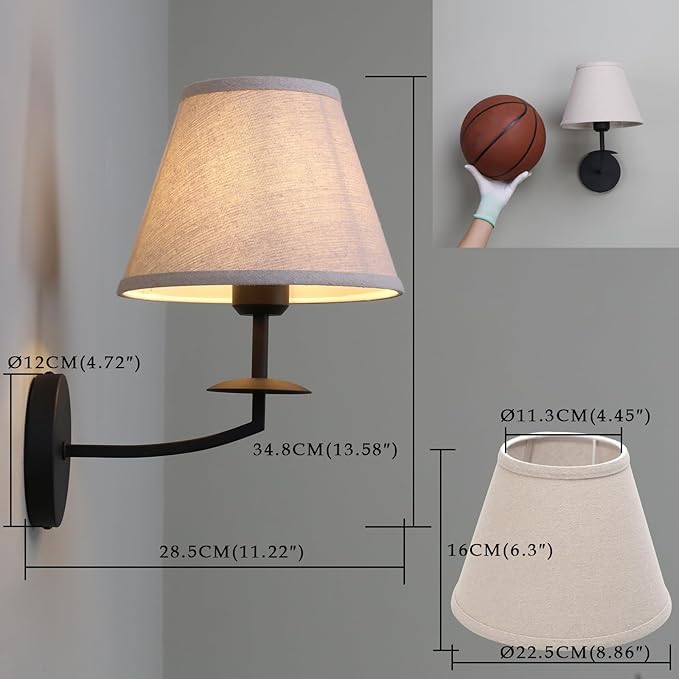Phansthy Hardwired Wall Sconce Light, Linen Fabric Shade Indoor Wall Lamps, Wall Decor Lightings for Living Room, Bedroom, Hallway, Vanity Mirror (Black)