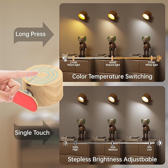 Remote LED Wall Sconce - Rechargeable Cordless Wall Light, 3 Colors & 3 Brightness Levels, 360째 Magnetic Rotating Head, Bedside Reading Lamp, Easy Install Battery Operated Lamp Wood Pack of 2