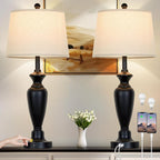 30" Tall Table Lamps Set of 2, Touch Control Bedside Lamp with USB A+C Ports and AC Outlet, 3-Way Dimmable Modern Metal Nightstand Lamp for Bedroom Living Room, 2 LED Bulbs Included, Black