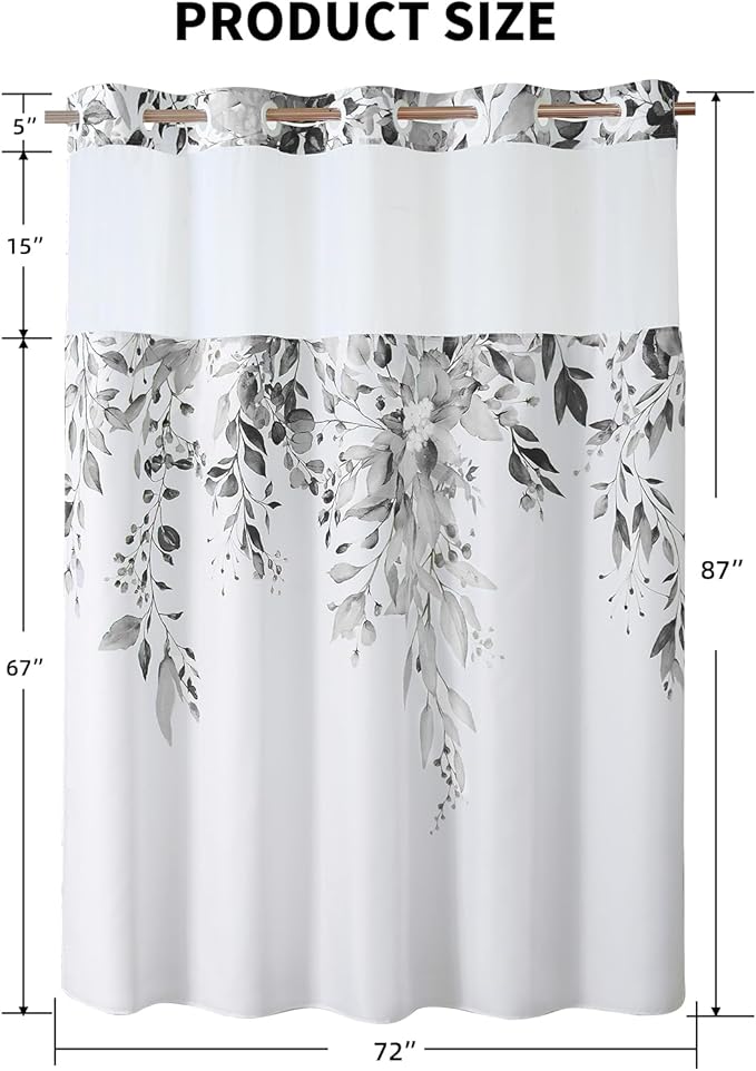 QiyI No Hook Shower Curtain with Snap in Fabric Liner, Grey Eucalyptus Shower Curtain with See Through Top Window, Waterproof Washable Cloth Ringless Shower Curtain Set for Bathroom, 72 x 87