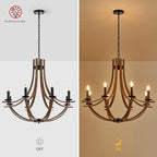 31.5" Large Wooden Chandelier 8-Lights Vintage Farmhouse Candle Style Chandeliers with Wood Finish Metal Industrial Retro Rustic Black Chandelier for Dining Room, Kitchen, Living Room, E12