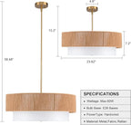 24'' Farmhouse Rattan Chandeliers for Dining Room,3-Light Boho Light Fixtures Rattan Pendant Light Fixture with Fabric Shade Drum Chandeliers for Bedroom Dining Room Foyer Kitchen Hallway