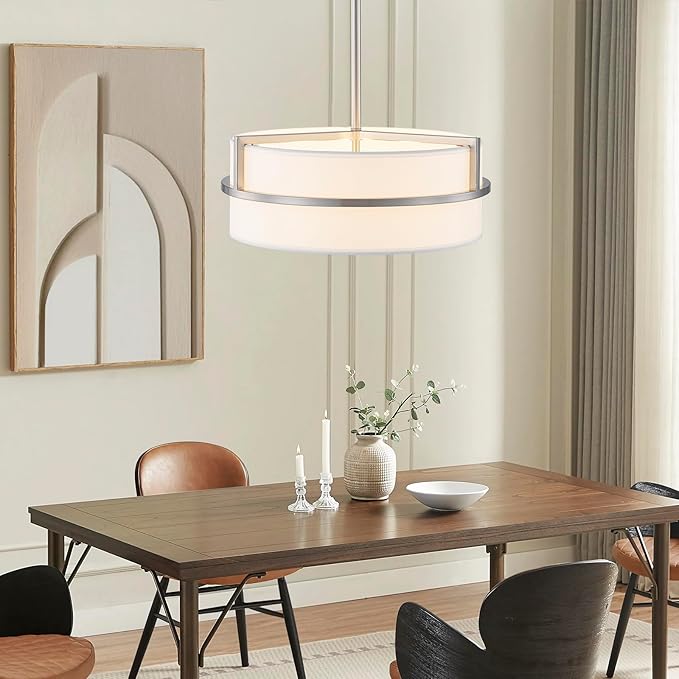 15.7" Modern Drum Chandelier Ceiling Light Fixture,3-Light Drum Pendant Light with White Fabric Shade,Adjustable Brushed Nickel Dining Room Chandelier for Kitchen Island Over Table Bedroom,E26