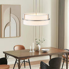 15.7" Modern Drum Chandelier Ceiling Light Fixture,3-Light Drum Pendant Light with White Fabric Shade,Adjustable Brushed Nickel Dining Room Chandelier for Kitchen Island Over Table Bedroom,E26