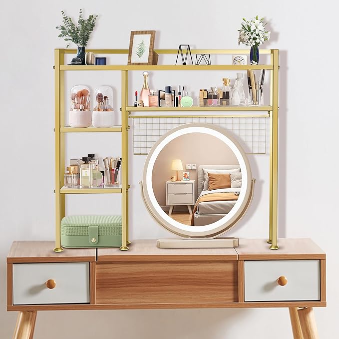 Desk Shelf，37.5" Desk Shelves and Desk Organizer Shelf，4 Tier Riser Storage Rack，Modern Desk Hutch for Home Office Dorm，Iron and Wood, Gold