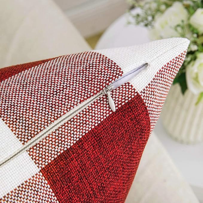 MIULEE Pack of 2 Christmas Classic Farmhouse Buffalo Check Plaids Polyester Linen Soft Solid White and Red Decorative Porch Throw Pillow Covers Home Decor Cushion Case for Sofa Bedroom 22 x 22 Inch