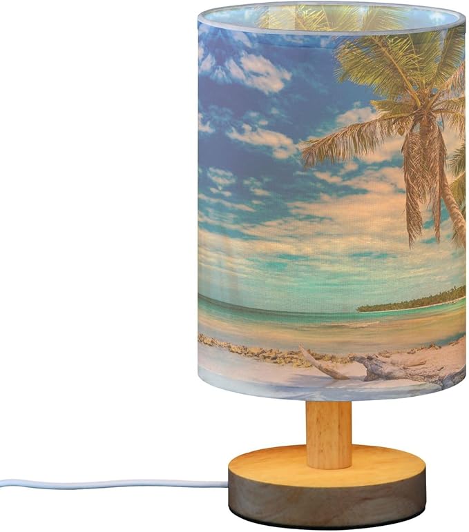 Table Lamp Tropical Beach White Sand Coconut Palm Tree Clear Blue Sky Ocean Nightstand Lamp with Wood Base Fabric Lamp Shade Bedside Desk Lamp for Living Room Bedroom Kids Room Office