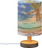 Table Lamp Tropical Beach White Sand Coconut Palm Tree Clear Blue Sky Ocean Nightstand Lamp with Wood Base Fabric Lamp Shade Bedside Desk Lamp for Living Room Bedroom Kids Room Office