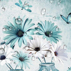 Rustic Farmhouse Teal Floral Shower Curtain, Sage Green Daisy Flowers Butterfly Dragonfly on Abstract Aesthetic Country Wooden Boho Shower Curtain Set, White Bathroom Accessory Sets with Hooks, 70X70