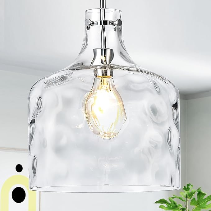 Extra Large 16" Vintage Farmhouse Pendant Light – Hand-Blown Clear Hammered Glass Shade, Adjustable Chain Hanging Light for Kitchen Island, Hallway, Dining Room, Chrome