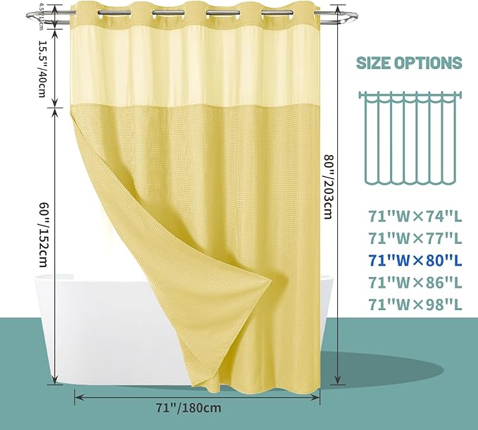 Yellow No Hook Waffle Weave Shower Curtain with snap-in Liner Replacement, 230GSM Waterproof Fabric Hotel Shower Curtain Set for Bathroom, Through Mesh Top Window,71Wx80H
