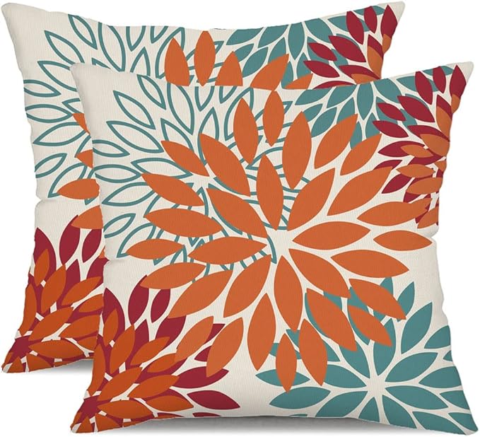 DFXSZ Orange Teal Red Flower Pillow Covers 18x18 Inch Set of 2 Fall Throw Pillows Outdoor Waterproof Decor for Living Room Sofa Patio Funiture Garden Floral Polyester Pillow Covers 002Y18