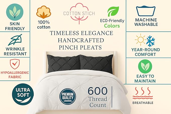 COTTON STICH Pinch Pleated Standard Pillow Shams Set of 2 Dark Grey 600 Thread Count Soft Dark Grey Pinch Pillow Shams Standard 20" x 26" Size 100% Egyptian Cotton Decorative Pillow Covers Set