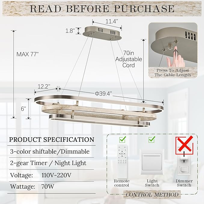 3 Ring LED Chandelier Nickel Rectangular Chandeliers 39in Wood Pirinted Oval Dining Room Chandeliers Over Table Dimmable Weathered Wood Rectangle Chandelier Light for Kitchen Island Study Room