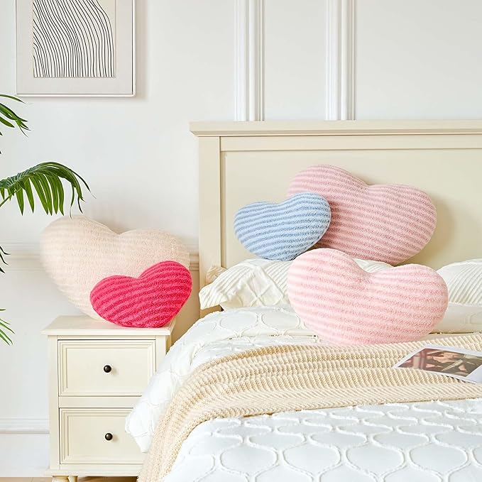 Ivory Heart Pillows,12.9" Cute Heart Decorative Pillow, Stripe Heart Shaped Plush Throw Pillows for Bed