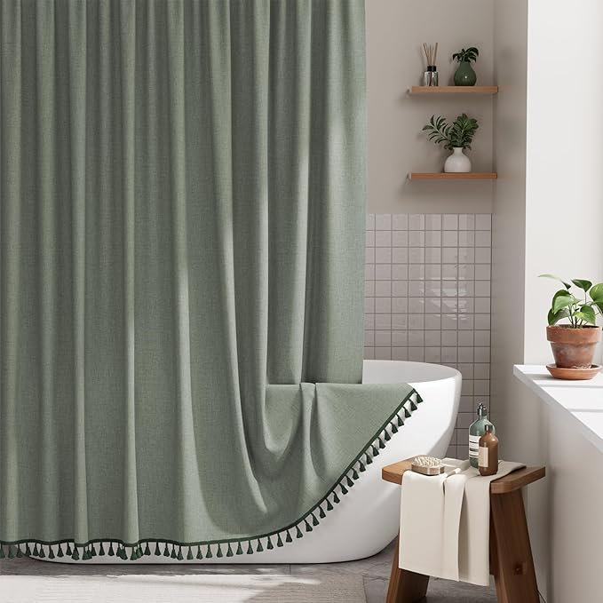 AmazerBath Boho Shower Curtains for Bathroom, Farmhouse Shower Curtain with Tassels, Sage Green Shower Curtain Set, Faux Linen Fabric Shower Curtain with 12 Hooks, Hotel Quality, 72x72 Inches