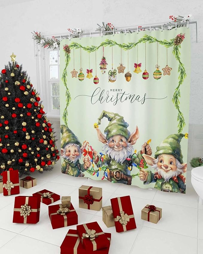 Vandarllin Merry Christmas Shower Curtain, Green Christmas Gnome Elf Shower Curtains Set with Hooks, Xmas Balls Waterproof Fabric Bathroom Curtains Decor Home Accessories,72 X 72 Inch Long
